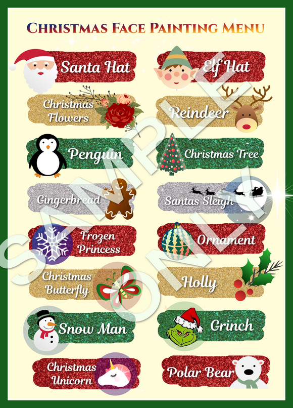 Christmas Face Painters Menu- double side printed and laminated