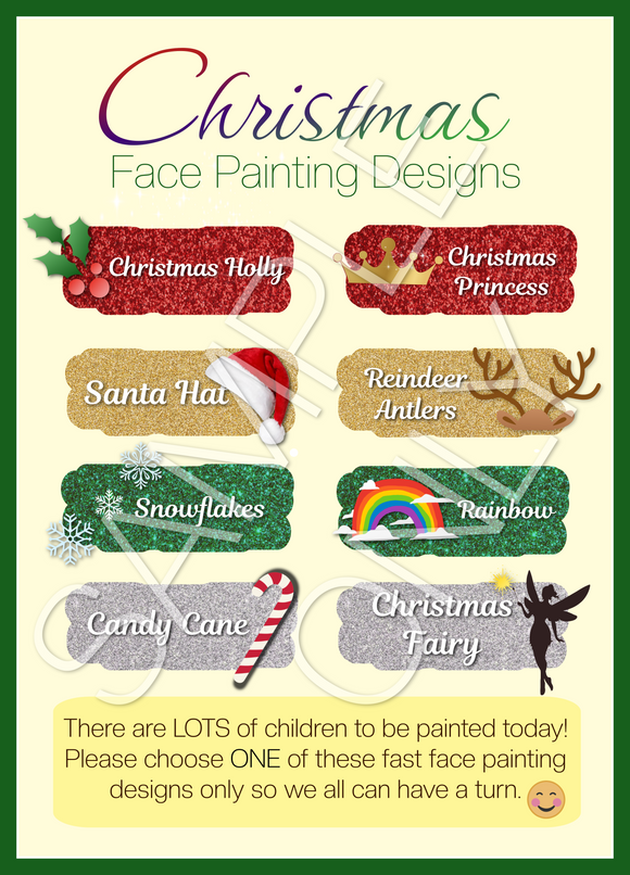 FAST EVENTS Christmas Face Painters Menu- double side printed and laminated