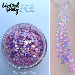 NEW! Amy’s collection- Birdwing non smear ECO bio glitter cream “Fairytale" Iridescent and colour shifting pink and purple hearts 15g