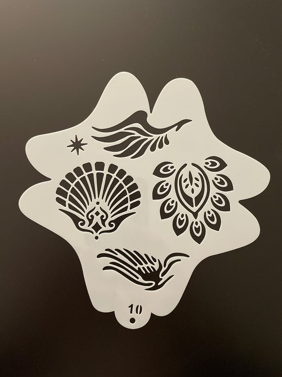 AB face painting stencil-  shell and peacock centrepiece with wings