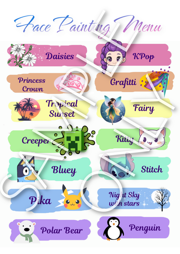 New Favourites- Face Painters Menu - double side printed and laminated