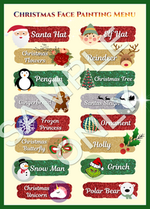 Christmas Face Painters Menu- double side printed and laminated