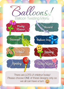 Fast Designs- Balloon Menu for busy events- double side printed and laminated- 8 designs