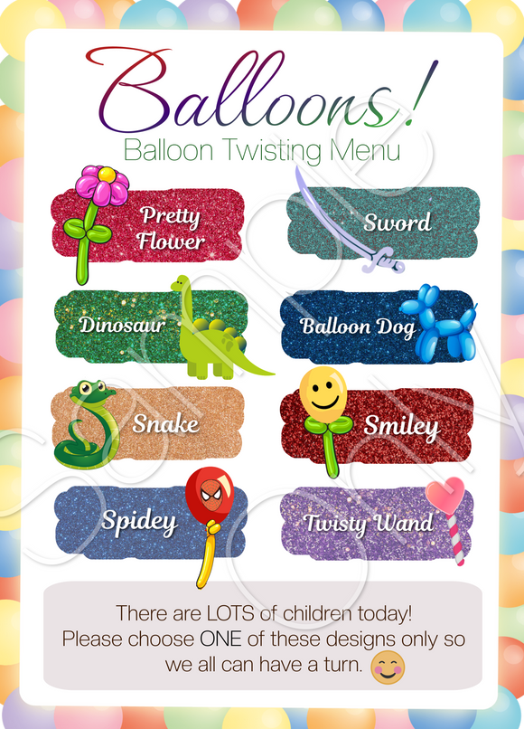 Fast Designs- Balloon Menu for busy events- double side printed and laminated- 8 designs