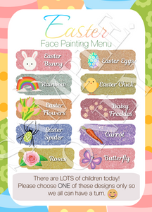 Fast Easter Designs- Face Painters Menu for busy Easter events- double side printed and laminated