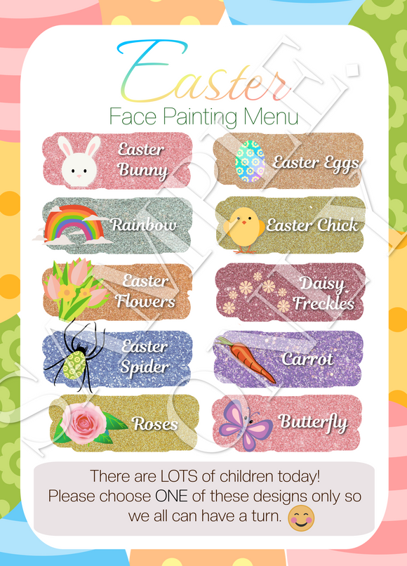 Fast Easter Designs- Face Painters Menu for busy Easter events- double side printed and laminated