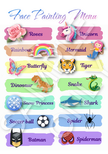 Pretty Face Painters Menu - double side printed and laminated