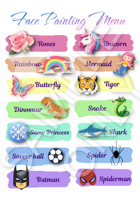 Pretty Face Painters Menu - double side printed and laminated