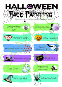 FAST EVENTS Halloween Face Painters Menu- double side printed and laminated