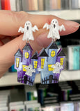 Statement Halloween Earrings for Face Painters and Balloon Twisters- Glittery Haunted houses with ghost studs 👻
