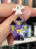 Statement Halloween Earrings for Face Painters and Balloon Twisters- Glittery Haunted houses with ghost studs 👻