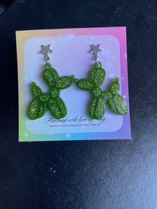 Balloon dog glitter dangle earrings- green