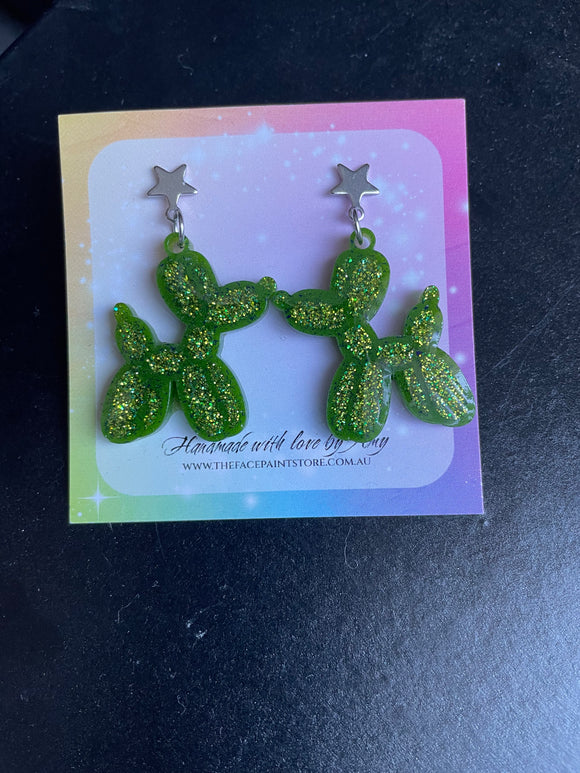 Balloon dog glitter dangle earrings- green