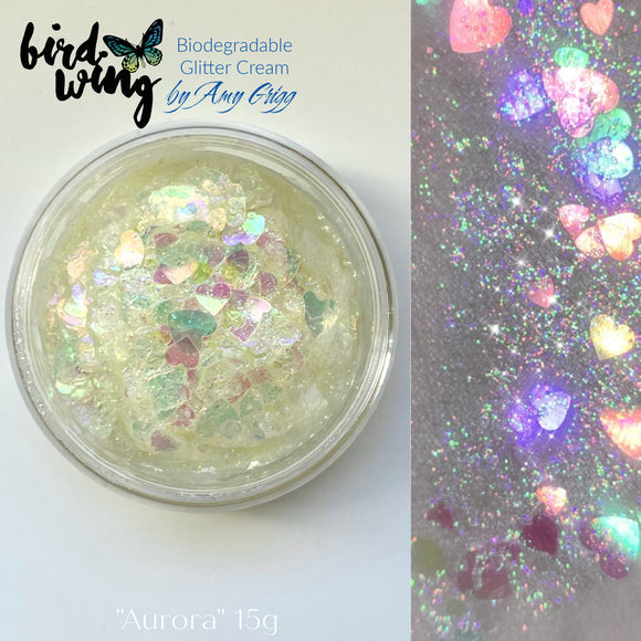 Amy’s collection- Birdwing non smear ECO bio glitter cream “Aurora” iridescent white with hearts 15g