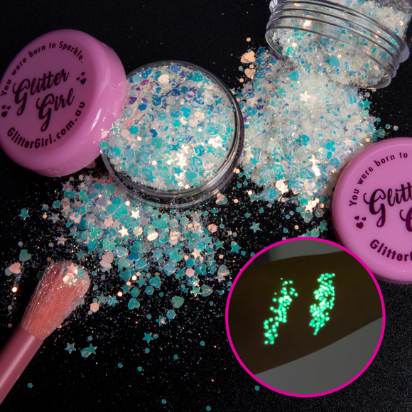 Glitter Girl Biodegradable Eco Glitter- Glow up mix (Glows in the dark)10g pot NEW