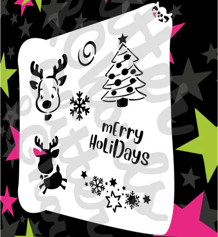 Glitter and Ghouls Face Painting Stencil- 761-Reindeer, christmas tree and Elements