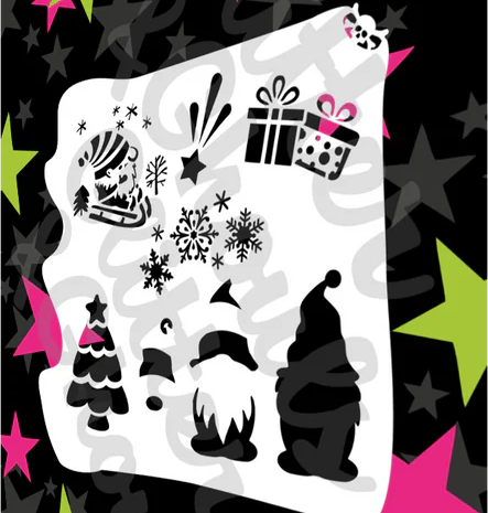 Glitter and Ghouls Face Painting Stencil- 763- Sledding Elf, Snow, presents and Christmas tree