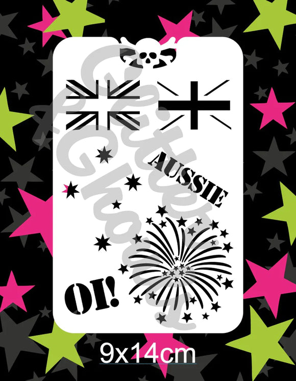 Glitter and Ghouls Face Painting Stencil- 158- Aussie flag and firework