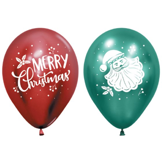 Sempertex 30cm Merry Christmas and Santa on Reflex Metallic Balloons pack of 12