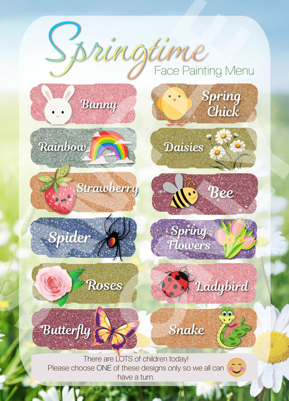 Springtime Designs- Face Painters Menu for busy events- double side printed and laminated (Copy)