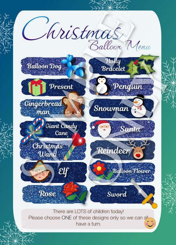 Christmas Balloon Twisting Menu 2- double side printed and laminated