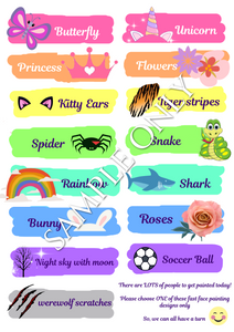 Face Painters Menu - FAST DESIGNS for busy events- double side printed and laminated