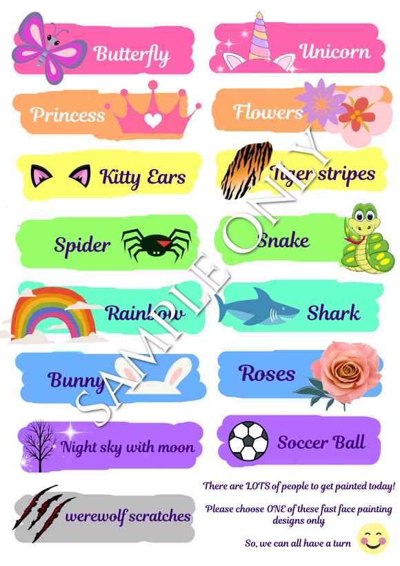 Face Painters Menu - FAST DESIGNS for busy events- double side printed and laminated