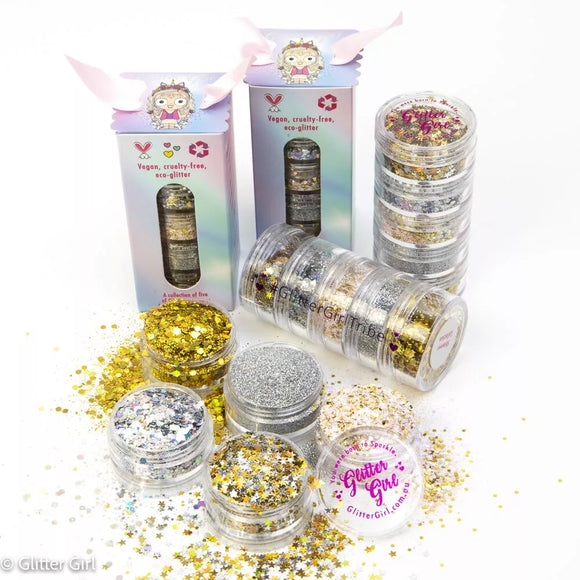 Glitter Girl Biodegradable Eco Glitter Stack- Shimmer Silver and Gold Collection