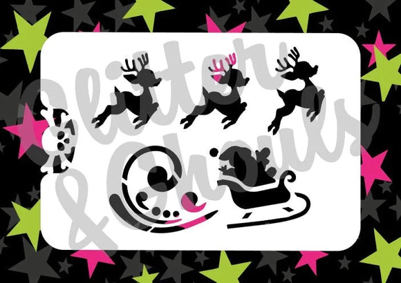 Glitter and Ghouls Face Painting Stencil- 117f-Santa sleigh and reindeers