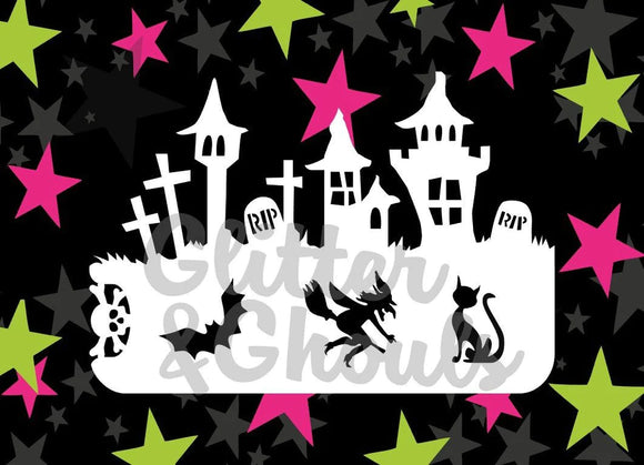 Glitter and Ghouls Face Painting Stencil- Halloween Skyline